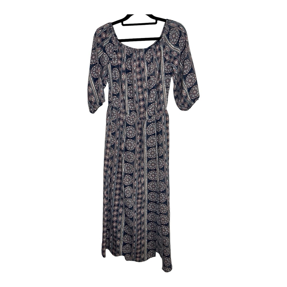 Rokoko Womens Floral Boho Midi Dress Blue Pink White 1/2 Sleeve Size Medium